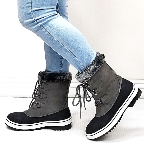 New Gray Faux Fur Lace Up Mid-Calf Snow Boots - Picture 3 of 4